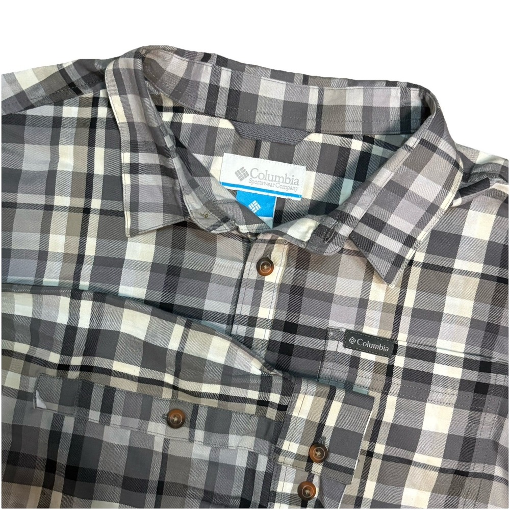 Mens Columbia Button Down Gray Multi Plaid Long Sleeve Shirt Size L Lightweight
